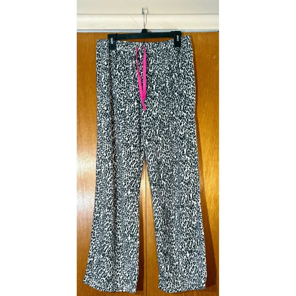 Anne Klein Womens Leopard Print Fleece Pajama‎ Set Button Up Pants Pink Trim Med